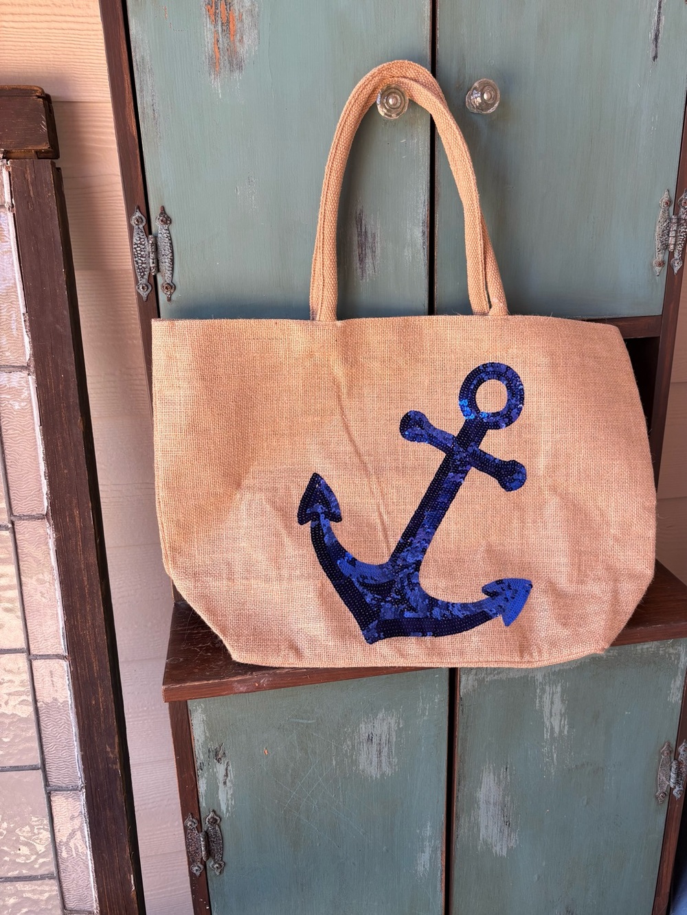 Bon Voyage Large Jute Tote Bag Blue Sequin Anchor Cruise Ship Nautical Shopper